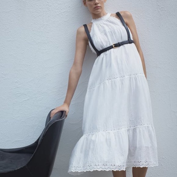 ZARA Dresses & Skirts - Zara White Tiered Eyelet Midi Dress with Black Harness Detail